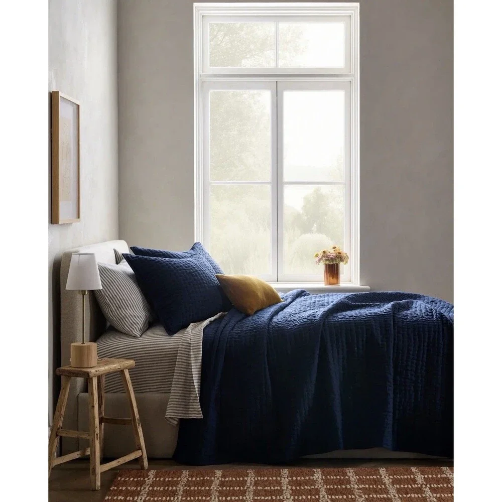 Quince European Linen Cotton Stitch Quilt Set Full / Queen Navy $189.90 Retail